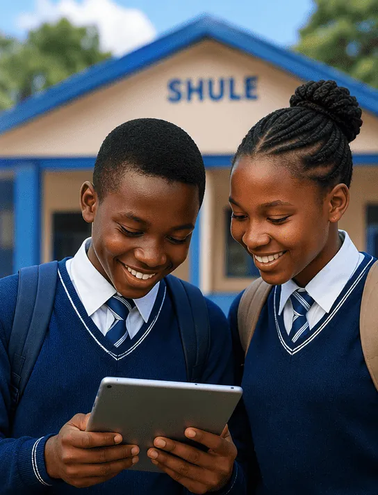 Two students in uniform looking at their results on a tablet